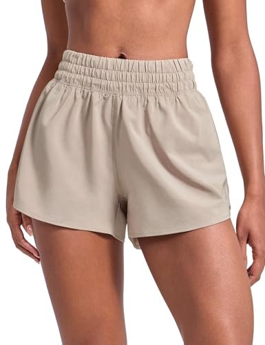 INGIA 2 in 1 High Waisted Running Shorts for Women 3" Quick Dry for Sport Athletic Workout with Zipper Pocket Sand Medium