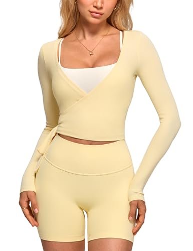 INGIA Womens V-Neck Long Sleeve Cross Wrap Top Slim Fit Soft Knit Layering Shirt Casual Yoga Gym Bandage Tie Tops Butter